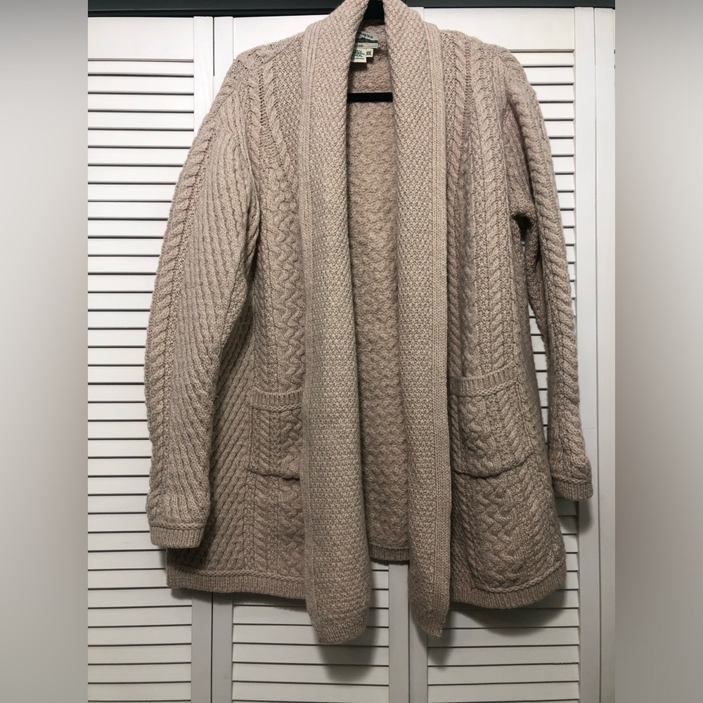 Aran Crafts Ireland Tan Chunky Cable Knit Wool Open Front Cardigan W Pockets XXL